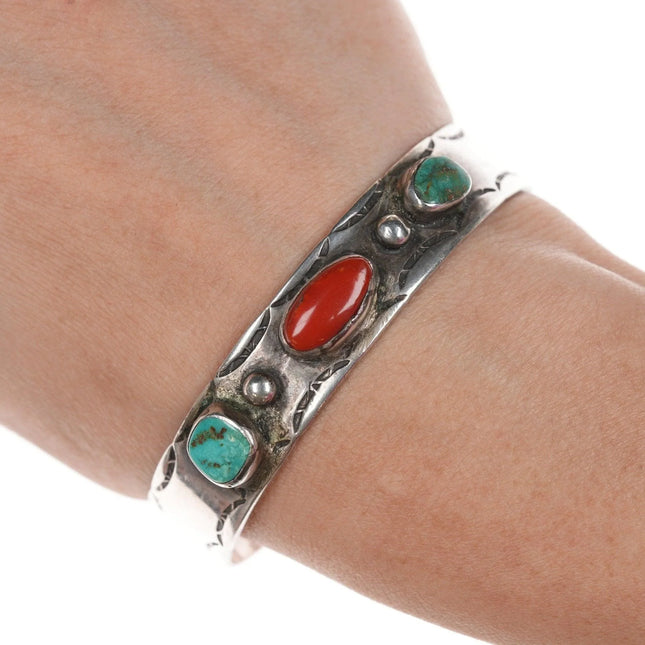 6.625" Vintage Navajo Silver turquoise and coral bracelet - Estate Fresh Austin