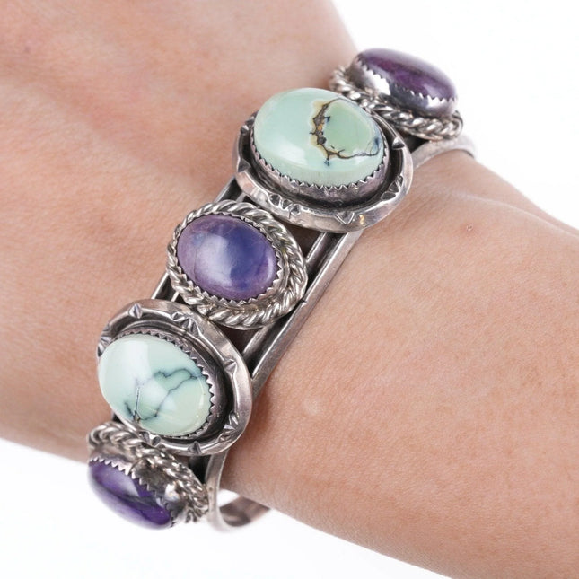 6.625" Vintage Navajo Variscite and Charoite sterling bracelet - Estate Fresh Austin