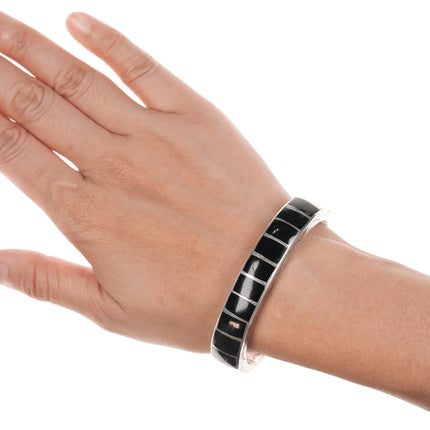 6.625" Vintage Zuni channel inlay silver onyx cuff bracelet - Estate Fresh Austin