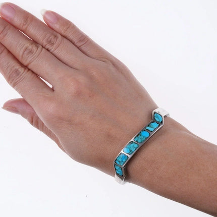 6.625" Vintage Zuni silver and turquoise chip inlay bracelet - Estate Fresh Austin