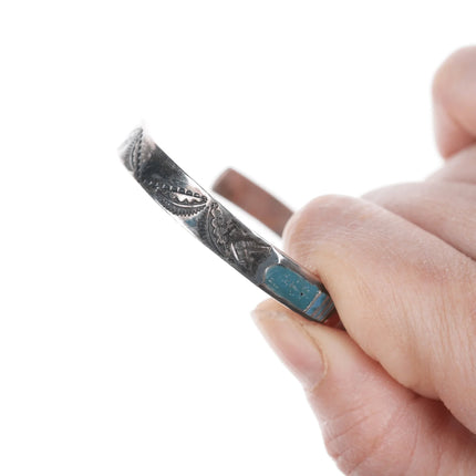 6.625" Vintage Zuni Silver Channel inlay cuff bracelet with stamped design - Estate Fresh Austin