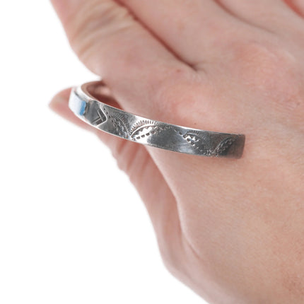 6.625" Vintage Zuni Silver Channel inlay cuff bracelet with stamped design - Estate Fresh Austin
