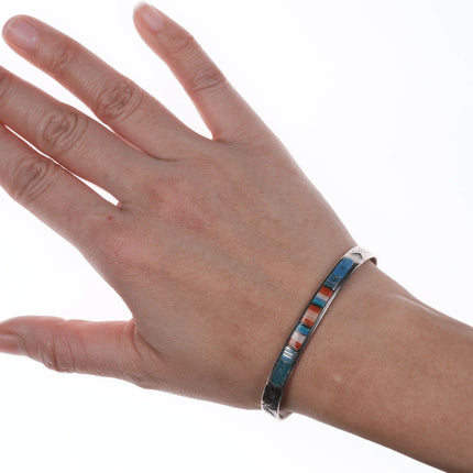 6.625" Vintage Zuni Silver Channel inlay cuff bracelet with stamped design - Estate Fresh Austin