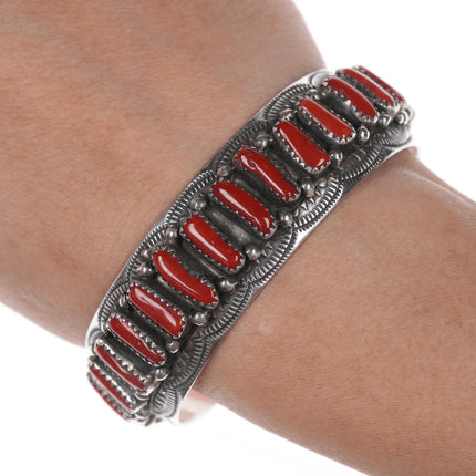 6.625" Wilbert Benally Navajo sterling and Mediterranean coral cuff bracelet - Estate Fresh Austin