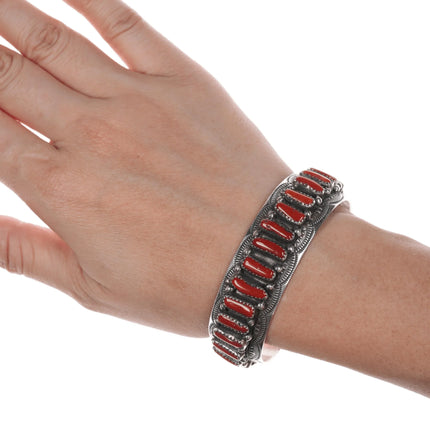 6.625" Wilbert Benally Navajo sterling and Mediterranean coral cuff bracelet - Estate Fresh Austin