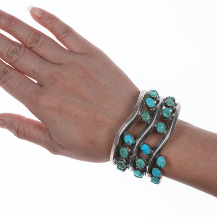 6.625" Zuni Carved Turquoise Modernist abstract silver cuff bracelet - Estate Fresh Austin