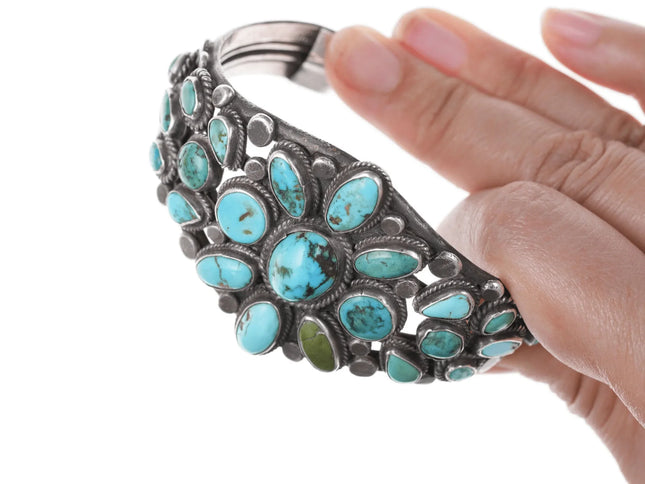 6.875 30's-40's Navajo Silver Turquoise cluster bracelet - Estate Fresh Austin