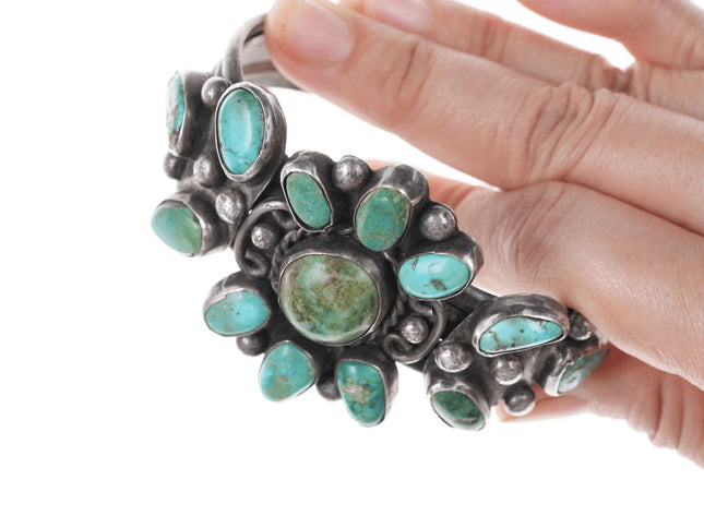 6.875 30's-40's Navajo Silver Turquoise cluster bracelet - Estate Fresh Austin