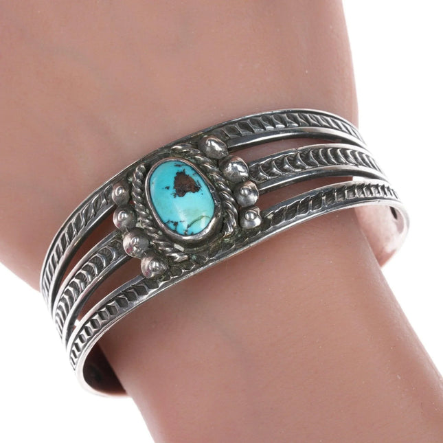 6.875 c1930's Navajo Whirling Logs Hand Stamped silver turquoise cuff bracelet - Estate Fresh Austin