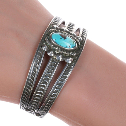 6 7/8" c1930's Navajo Whirling Logs Hand Stamped silver and turquoise cuff brace - Estate Fresh Austin