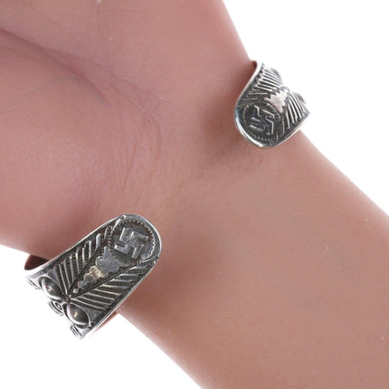 6 7/8" c1930's Navajo Whirling Logs Hand Stamped silver and turquoise cuff brace - Estate Fresh Austin