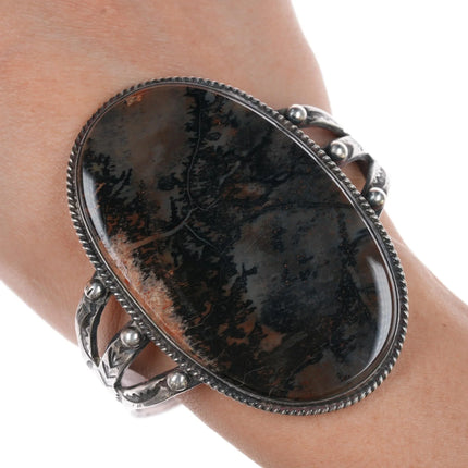 6.875 c1940's Large Native American silver moss agate cuff bracelet - Estate Fresh Austin