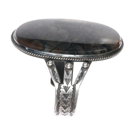 6.875 c1940's Large Native American silver moss agate cuff bracelet - Estate Fresh Austin
