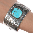 6.875 c1940's Navajo stamped repousse silver cuff bracelet with turquoise - Estate Fresh Austin