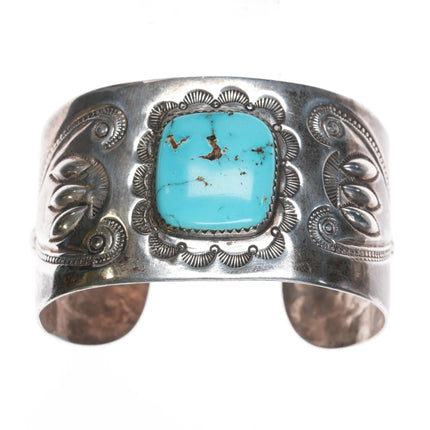 6.875 c1940's Navajo stamped repousse silver cuff bracelet with turquoise - Estate Fresh Austin