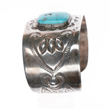 6.875 c1940's Navajo stamped repousse silver cuff bracelet with turquoise - Estate Fresh Austin