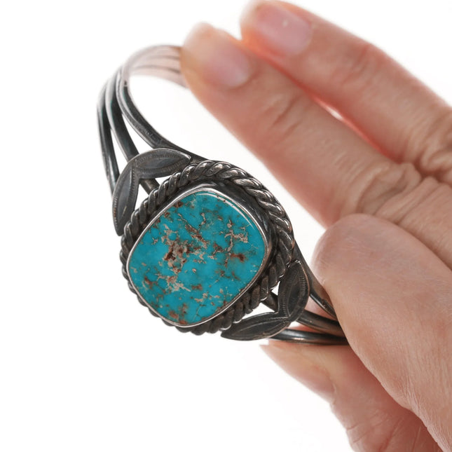 6.875 c1940's Navajo stamped silver cuff bracelet with turquoise - Estate Fresh Austin