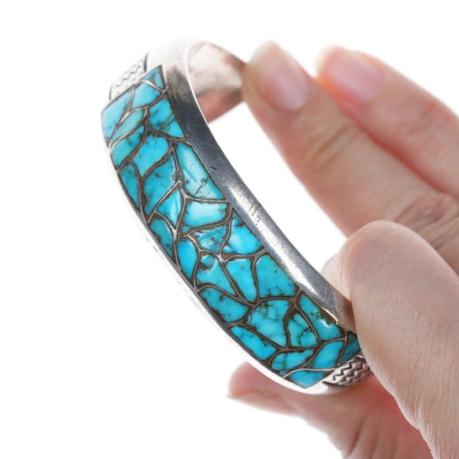 6.875 c1950's Zuni Channel inlay sterling and turquoise bracelet - Estate Fresh Austin