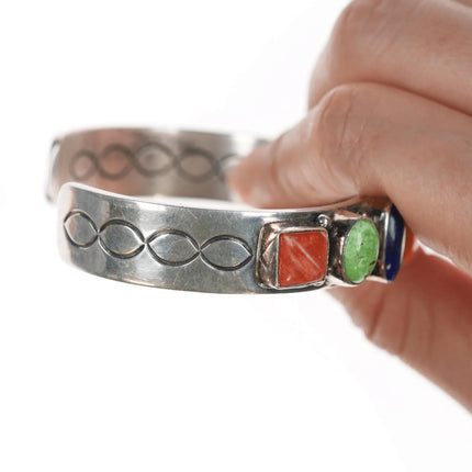 6.875 Daniel Mike Navajo Silver multi-stone interior stamped cuff bracelet - Estate Fresh Austin