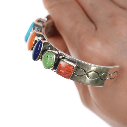 6.875 Daniel Mike Navajo Silver multi-stone interior stamped cuff bracelet - Estate Fresh Austin