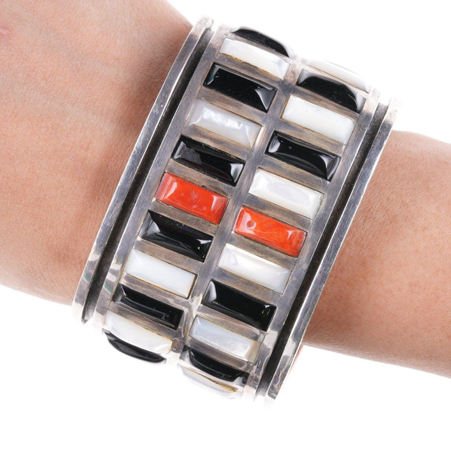 6.875 Jimmie King Jr Navajo silver Coral, onyx, and Shell channel inlay Cuff Bracelet - Estate Fresh Austin