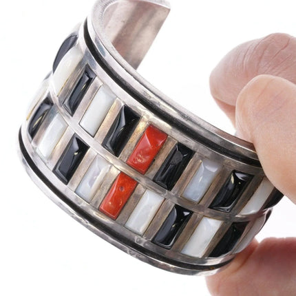 6.875 Jimmie King Jr Navajo silver Coral, onyx, and Shell channel inlay Cuff Bracelet - Estate Fresh Austin