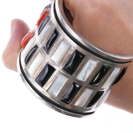 6.875 Jimmie King Jr Navajo silver Coral, onyx, and Shell channel inlay Cuff Bracelet - Estate Fresh Austin
