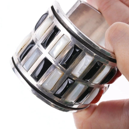 6.875 Jimmie King Jr Navajo silver Coral, onyx, and Shell channel inlay Cuff Bracelet - Estate Fresh Austin