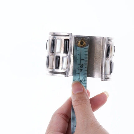 6.875 Jimmie King Jr Navajo silver Coral, onyx, and Shell channel inlay Cuff Bracelet - Estate Fresh Austin