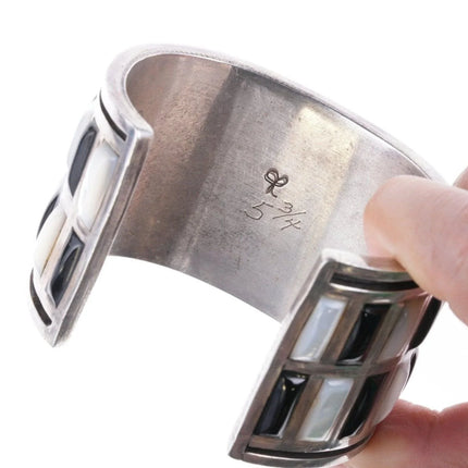 6.875 Jimmie King Jr Navajo silver Coral, onyx, and Shell channel inlay Cuff Bracelet - Estate Fresh Austin