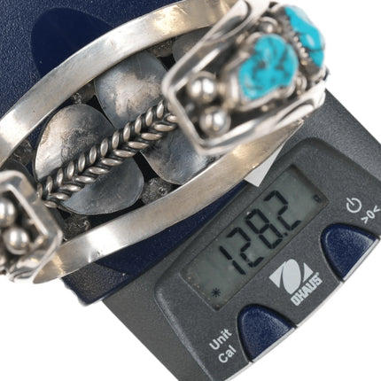 6.875 Orville Tsinnie Navajo sterling heavy turquoise row cuff bracelet - Estate Fresh Austin