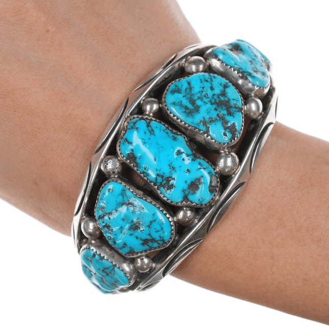 6 7/8" Orville Tsinnie Navajo sterling heavy turquoise row cuff bracelet - Estate Fresh Austin