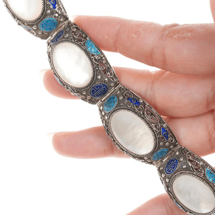 6.875 Vintage Chinese Silver enamel filigree Mother of pearl bracelet - Estate Fresh Austin