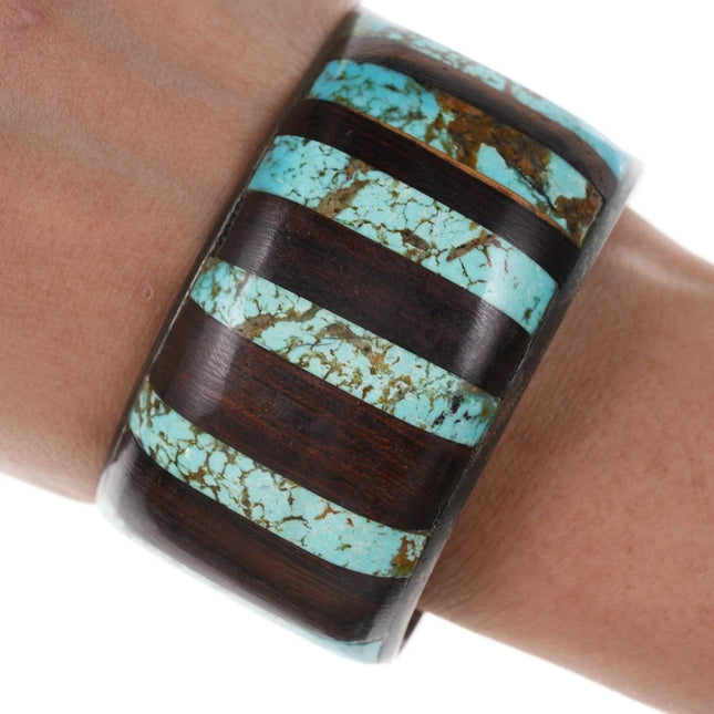 6.875 Vintage Native American Silver bracelet with Ironwood and turquoise inlay - Estate Fresh Austin