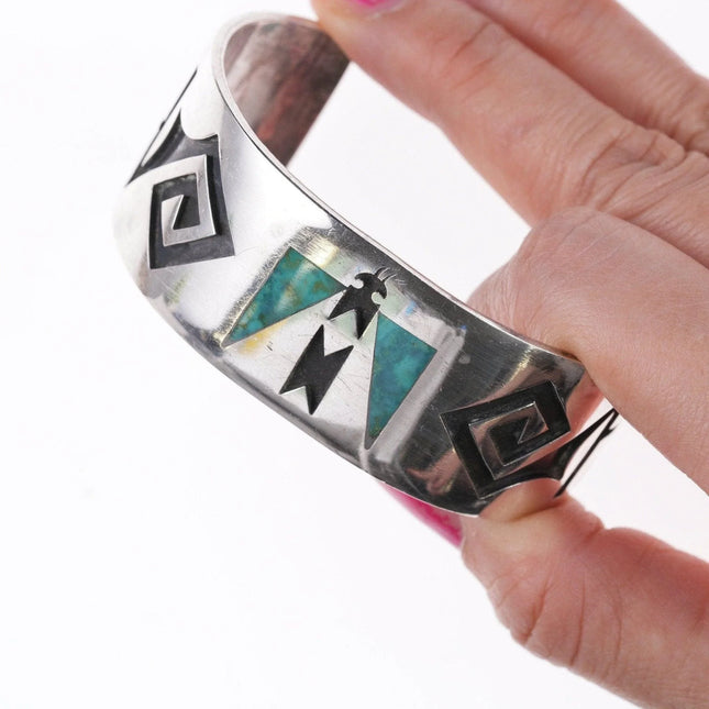 6.875 Vintage Navajo Overlay Sterling - Turquoise channel inlay bracelet - Estate Fresh Austin