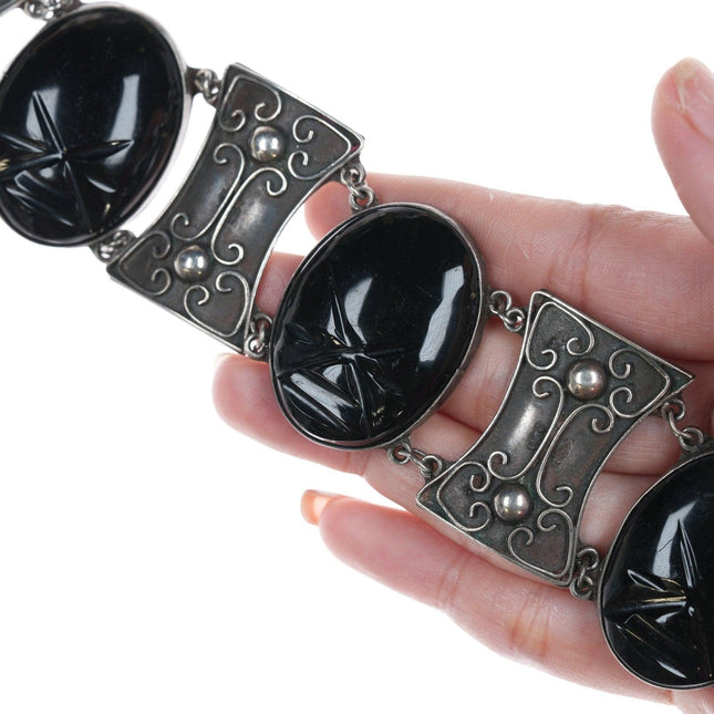 6.875 Vintage Taxco Sterling and carved onyx bracelet - Estate Fresh Austin