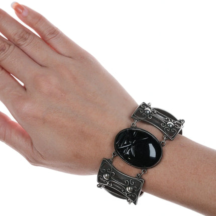 6.875 Vintage Taxco Sterling and carved onyx bracelet - Estate Fresh Austin