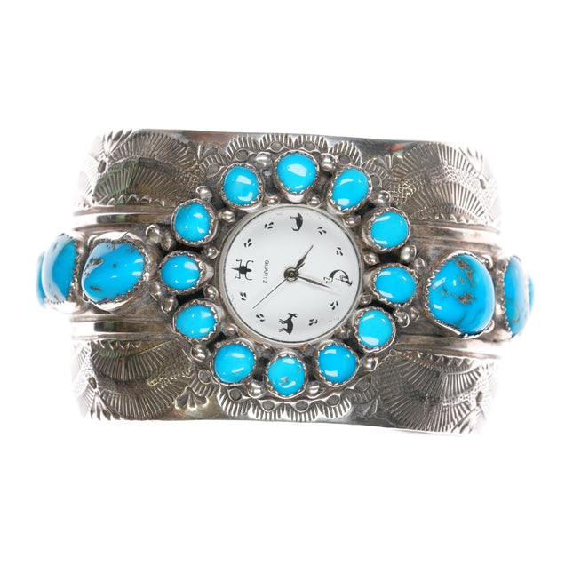 6 7/8" Wilbert Benally Navajo sterling and turquoise nugget watch cuff bracelet - Estate Fresh Austin