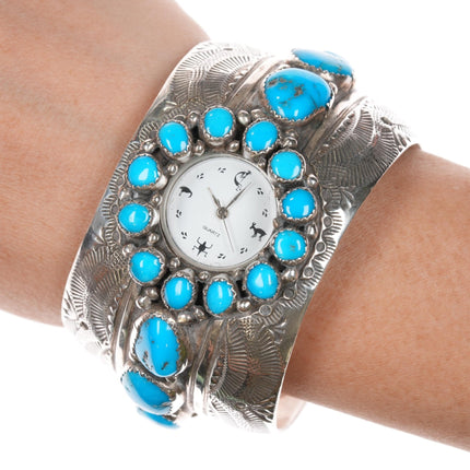 6 7/8" Wilbert Benally Navajo sterling and turquoise nugget watch cuff bracelet - Estate Fresh Austin