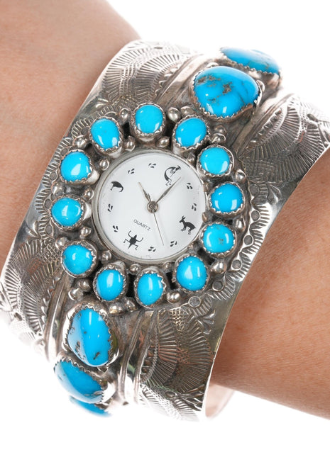 6 7/8" Wilbert Benally Navajo sterling and turquoise nugget watch cuff bracelet - Estate Fresh Austin