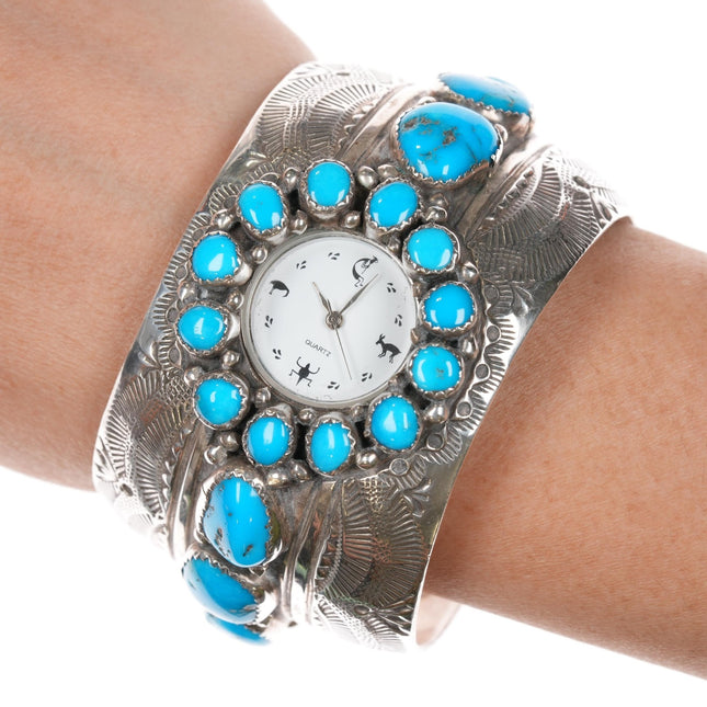 6 7/8" Wilbert Benally Navajo sterling and turquoise nugget watch cuff bracelet - Estate Fresh Austin