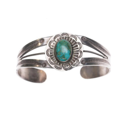 6" c1940's Navajo hand stamped silver cuff bracelet with turquoise - Estate Fresh Austin