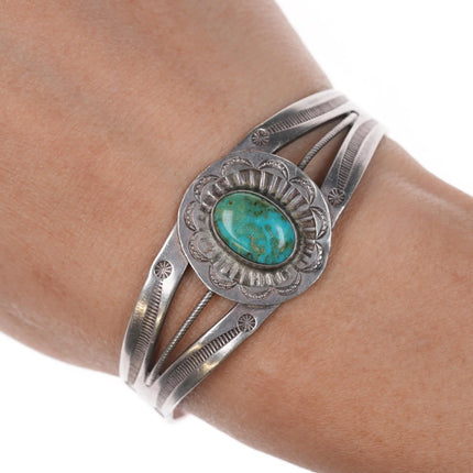 6" c1940's Navajo hand stamped silver cuff bracelet with turquoise - Estate Fresh Austin
