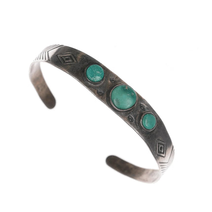 6" c1940's Navajo sterling cuff bracelet with three turquoise - Estate Fresh Austin