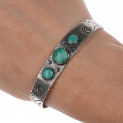 6" c1940's Navajo sterling cuff bracelet with three turquoise - Estate Fresh Austin
