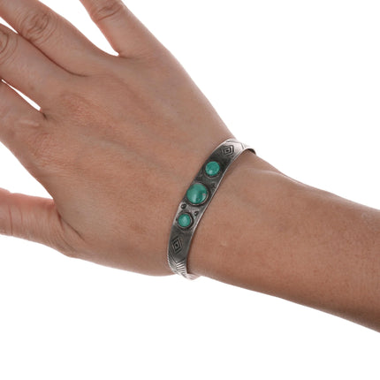 6" c1940's Navajo sterling cuff bracelet with three turquoise - Estate Fresh Austin