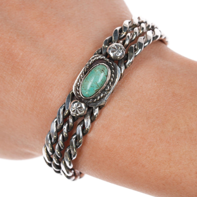 6" c1950 Pueblo Native American woven silver cuff bracelet with turquoise - Estate Fresh Austin