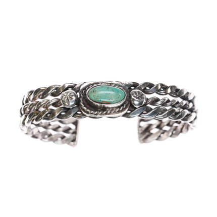 6" c1950 Pueblo Native American woven silver cuff bracelet with turquoise - Estate Fresh Austin