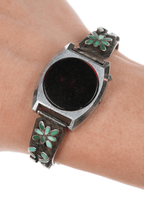 6"+ Dishta Zuni silver Flush inlay turquoise watch band with old school digital - Estate Fresh Austin