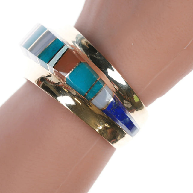 6" Duane Makitma Hopi 14k Gem Silica, Opal, Multi-stone channel inlay cuff bracelet - Estate Fresh Austin